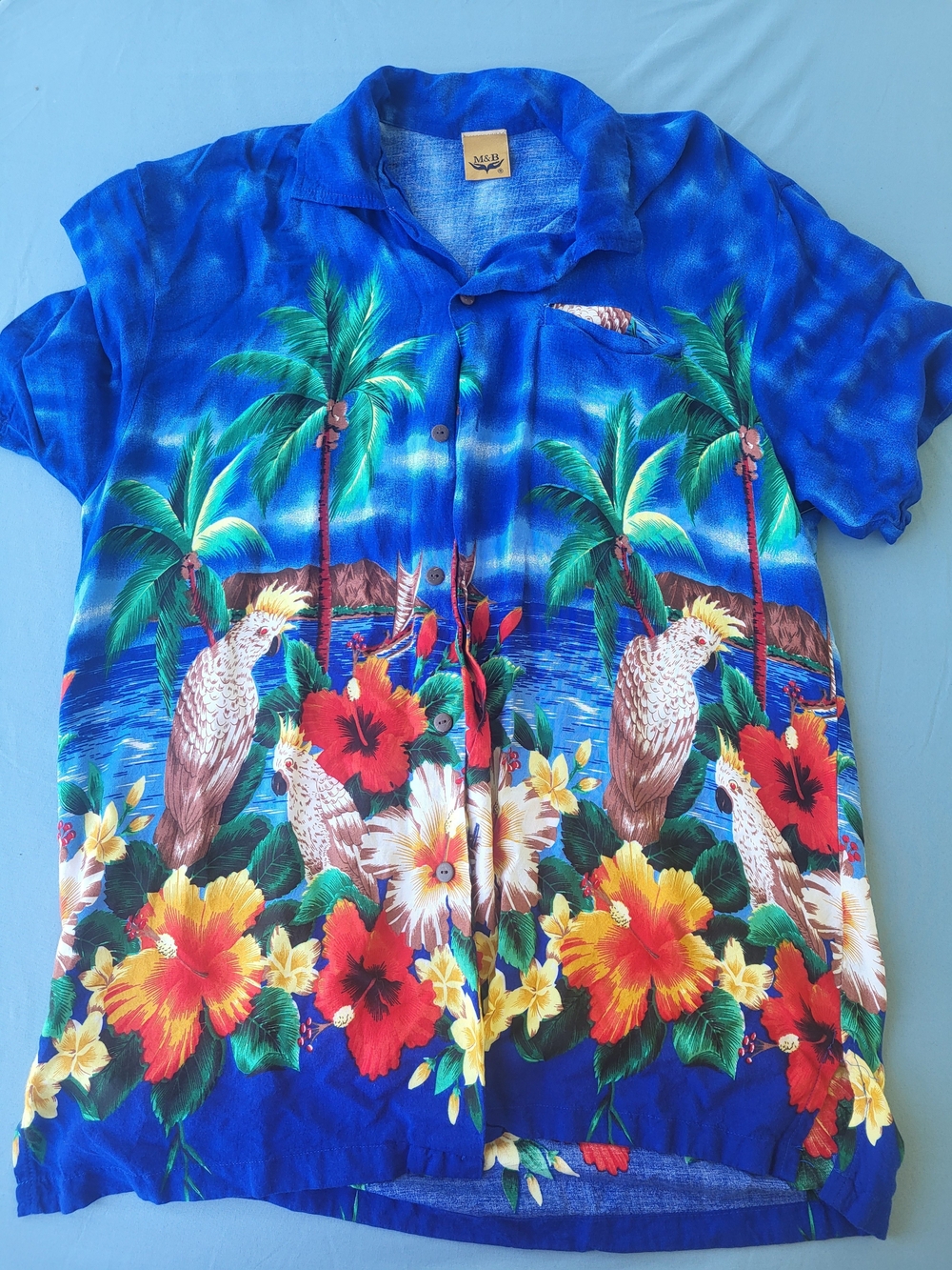 Vintage Pacific Legend Blue Hawaiian Shirt – Tropical Parrots & Hibiscus Print